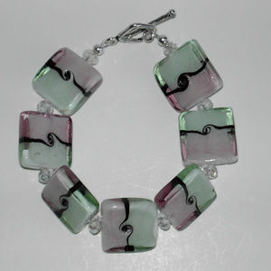 Pink/green glass bracelet  7.75" (#392)